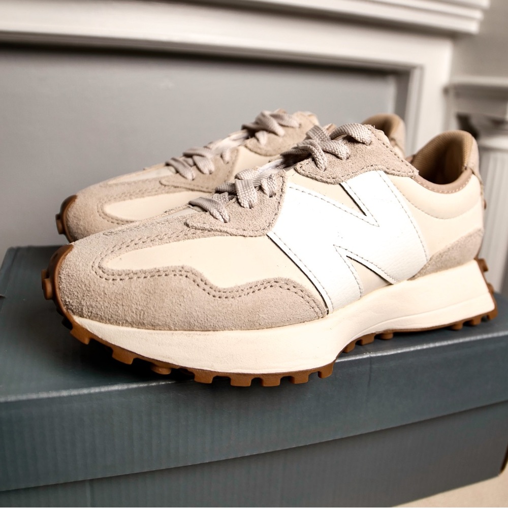 New Balance Tan and White Sneakers Classic Suede Design/includes original box